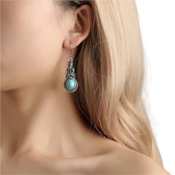 Vintage Antique Silver and Turquoise Drop Earrings - Picture 2 of 4